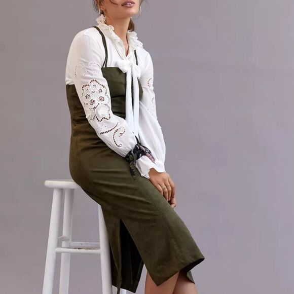 By Anthropologie Moss Green Vegan Faux Suede Sleeveless Midi Dress US 10 - Picture 5 of 12